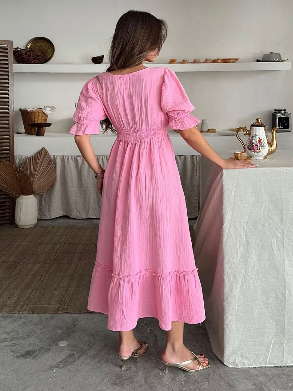 Muslin Beli Lastikli Elbise Pembe