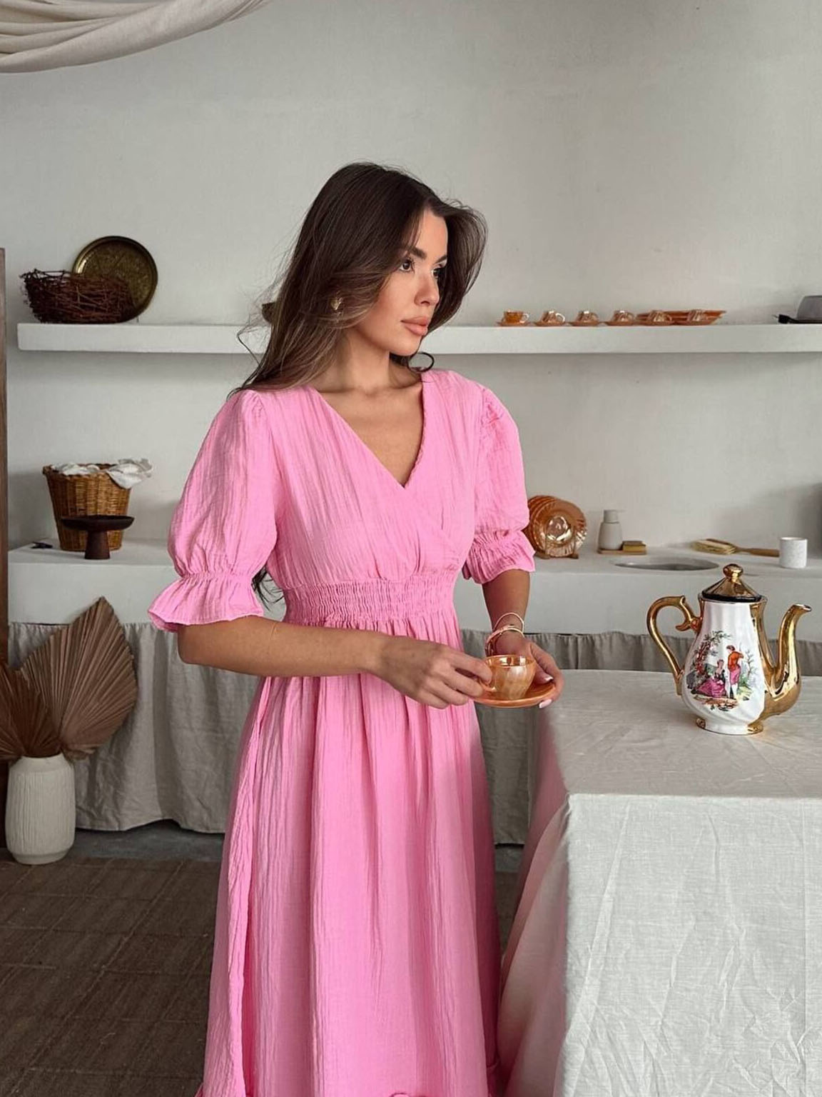 Muslin Beli Lastikli Elbise Pembe