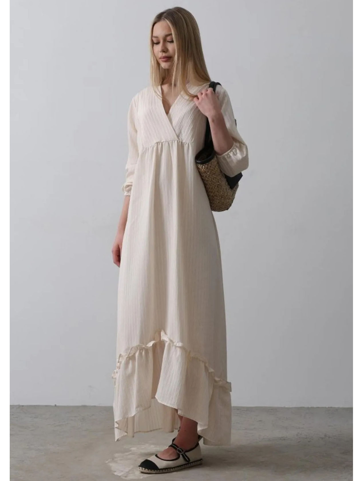 Çizgili Oversize V Yaka Elbise - Bej