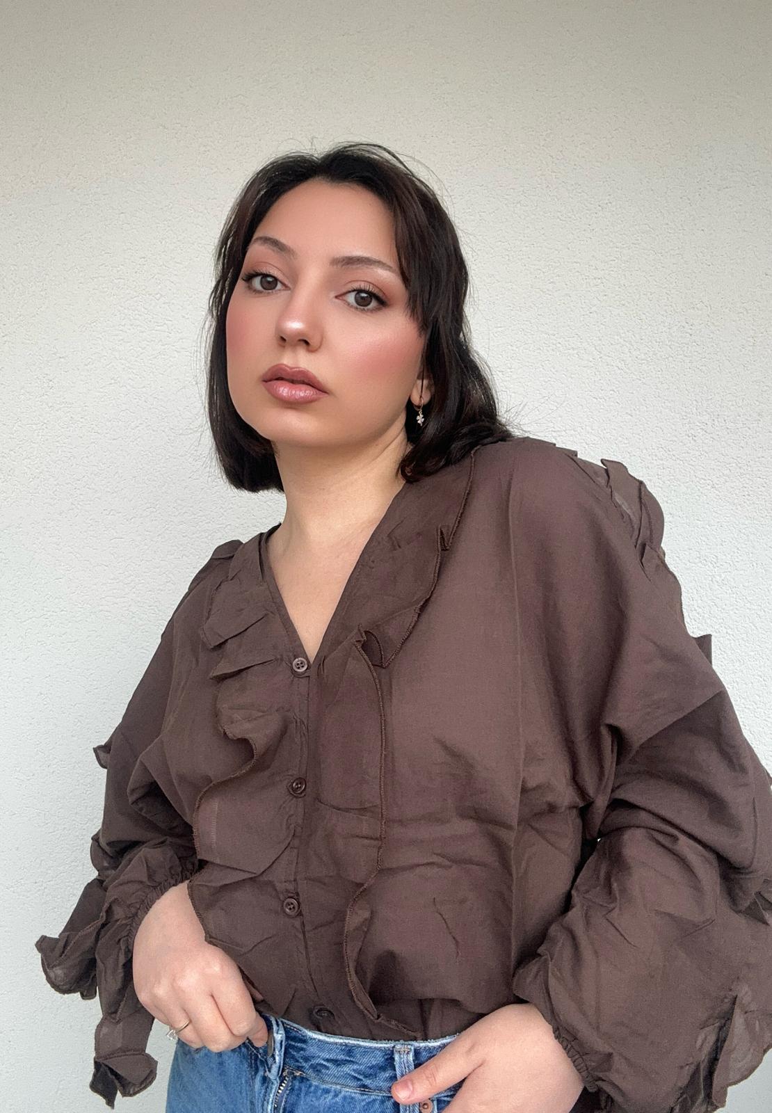 Volanlı %100 Pamuk Massim Gömlek Kahverengi